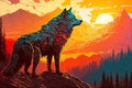 Illustration of a mountain wolf at sunset. Generative AI. Royalty Free Stock Photo