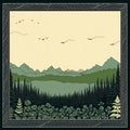 an illustration of the mountains and trees with birds flying over them Royalty Free Stock Photo