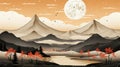 an illustration of mountains and trees with a full moon in the sky Royalty Free Stock Photo