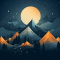 an illustration of mountains and trees at night with a full moon in the background Royalty Free Stock Photo