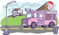 Illustration of a mouse in an ice cream truck. Pink, house, hill, eps ready to use. For your design