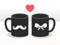 The illustration of mug. Black mug couple with a simple pictures, mustache and ribbon. For couple with love. The mug with this