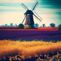 Illustration of a multi-colored flower field with a windmill in the background Royalty Free Stock Photo