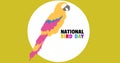 Illustration of multicolored parakeet and national bird day text in circle over yellow background Royalty Free Stock Photo