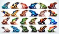 Set of different aligned frogs. illustration of colorful poisonous frogs on a white background. Generative Ai