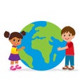 Illustration Of Multicultural Boy And Girl Hugging The Globe. Funny Cartoon Character.
