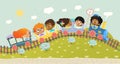 Illustration of the multiracial kids having trip on a train. School kids boys and girls laughing and traveling by