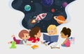Illustration of multiracial kids sit in a circle on the floor and read the astronomy book. Imaging space, rockers stars