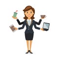 Illustration of a multitasking businesswoman juggling work tasks and responsibilities in flat vector style Royalty Free Stock Photo