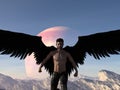 Illustration of a muscled angelic man with black wings wearing pants against a rising planet