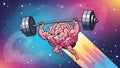 Brain Power Strong Brain Lifting Weights in Space Cartoon Royalty Free Stock Photo