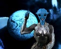 Illustration of a muscular female alien with blue skin smiling and waving