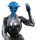 Illustration of a muscular female alien with blue skin smiling and waving f