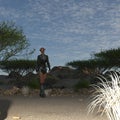 Illustration of a muscular female alien walking into light on an arid planet