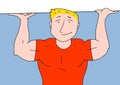 Illustration of a muscular young man holding a very heavy object