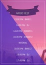 Illustration of music fest with timings, band 1,2, dj, singer 1,2 text over cropped hands cheering