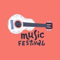 Illustration for music festival with cute acoustic guitar and lettering. Hand drawn concept for banners and postcards in flat Royalty Free Stock Photo