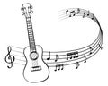 Illustration of music, guitar, musical notation signs and treble clef on the stave. Elegant black and white design for logo