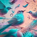 Illustration of music, notes and birdsong in pastel colors
