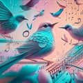 Illustration of music, notes and birdsong in pastel colors