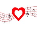 Illustration of music, red heart, musical notes and a treble clef on a staff. Abstract design for logo, poster Royalty Free Stock Photo