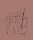 illustration. a musical group, a quartet, four friends of musicians without faces, in suspenders and with a double bass hugging,