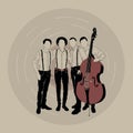 illustration. a musical group, a quartet, four friends of musicians in suspenders and with a double bass are embracing, in pastel