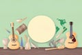 Illustration with musical instruments, green background and empty space. World music concept Royalty Free Stock Photo