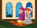 Illustration of Muslim Boy and Girl Praying in Mosque