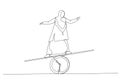 Illustration of muslim businesswoman investor holding money big and small coin on clock seesaw. Time value of money concept. One