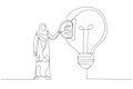 Illustration of muslim businesswoman putting dollar coin into slot in light bulb. Investing concept. Continuous line art