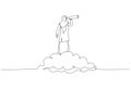 Illustration of muslim businesswoman riding cloud holding telescope or binocular to search for business visionary. Opportunity,