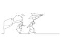 Illustration of muslim businesswoman run to paper plan. Metaphor for follow instruction. Single line art style