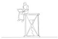 Illustration of muslim businesswoman sitting on the hourglass with laptop legs crossed. Time management and procrastination