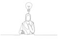 Illustration of muslim businesswoman thinking on productive ideas sitting at laptop and notepad for notes. Single continuous line