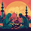 Ramadan Family Feast with Colorful Mosque Background