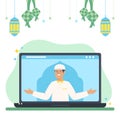 Illustration of muslim Islamic online course via teleconference web video conference vector