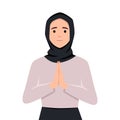 Illustration of Muslim woman with apologizing pose for eid mubarak or ramadan