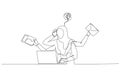 Illustration of muslim woman dizzy stressed because of daily work receive email sending paper. Continuous line art style