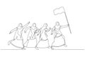 Illustration of muslim woman enterpreneur hold flag and lead the way. Single line art style