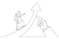 Illustration of muslim woman running on arrow of success raised by giant hand of leader. Metaphor for business success moving