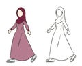 illustration of a Muslim woman stepping side view wearing a robe, coloring book