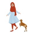 Illustration Of Muslim Young Lady With Cartoon Goat