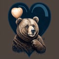 illustration of a muzzle of a bear in front of a heart ball. cartoon.picture.