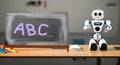 Illustration: My robot teacher. Robot teacher sitting at a desk. Artificial intelligence in education theme