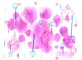 Illustration with mystery, witchcraft hand-drawn watercolor accessories elements, purple watercolor abstract background.