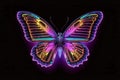 Illustration of mystical surreal monarch butterfly with pink, orange and cyan colored neon lights isolated on black background,