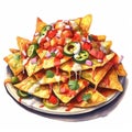 Illustration of nachos with salsa sauce and jalapenos