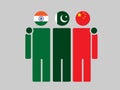 Illustration of national flag friendship embracing, India, Pakistan, and China.