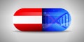 Illustration of the national pharmaceuticals of Austria. Drug production in Austria. National flag of Austria on capsule with gene